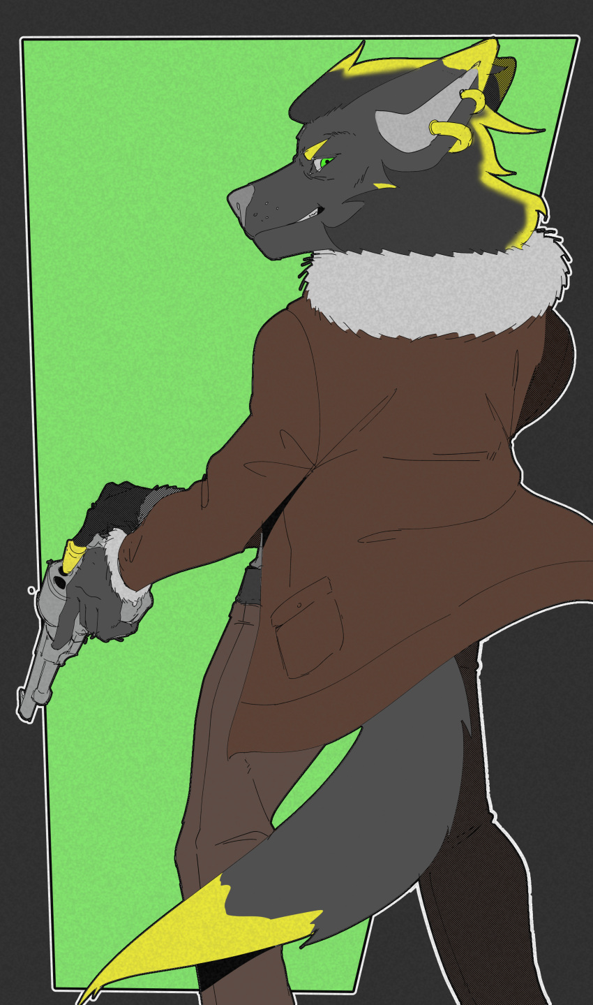 absurd_res anthro anubian_jackal anubis_bitar_(cubananubis) black_body black_fur canid canine canis clothing felinecanis fur green_eyes gun handgun hi_res jackal jacket male mammal ranged_weapon revolver solo topwear weapon