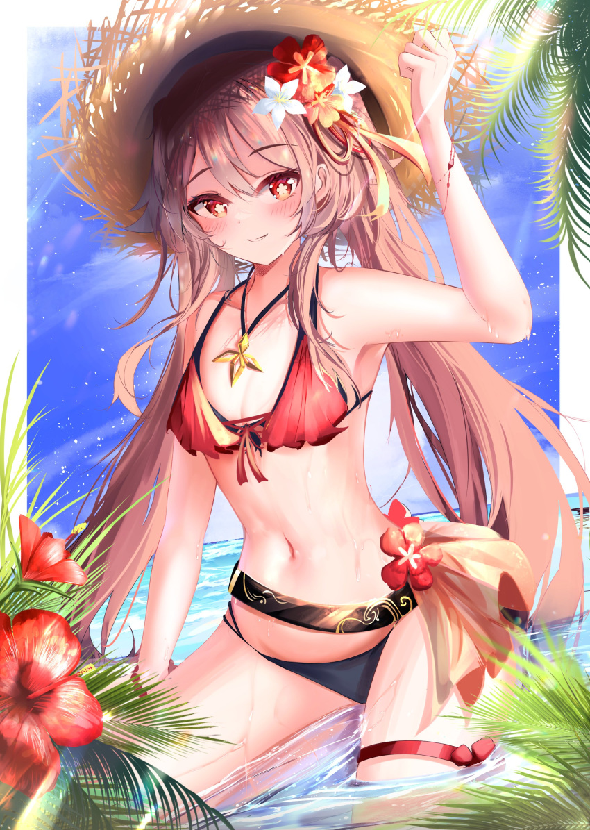 1girl absurdres arm_up bare_arms bare_shoulders bead_bracelet beads bikini black_panties blush border bracelet breasts brown_hair flower flower-shaped_pupils genshin_impact hair_flower hair_ornament hat highres hu_tao_(genshin_impact) jewelry looking_at_viewer mismatched_bikini navel outdoors outside_border panties red_bikini red_eyes sidelocks sitting small_breasts smile solo stomach straw_hat swimsuit symbol-shaped_pupils teca_(ryeol) thigh_strap thighs twintails underwear water white_border