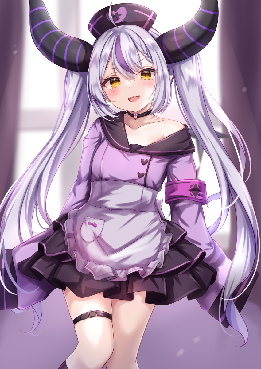 1girl :d apron bangs black_choker black_skirt blush braid choker collarbone demon_girl demon_horns dress fangs frilled_apron frilled_skirt frills grey_hair hat heart heart_choker highres hololive horns la+_darknesss long_hair long_sleeves looking_at_viewer multicolored_hair nurse_cap open_mouth purple_dress purple_hair sidelocks single_bare_shoulder skirt sleeves_past_fingers sleeves_past_wrists smile solo standing streaked_hair striped_horns teeth thigh_strap thighs upper_teeth very_long_hair virtual_youtuber white_apron yellow_eyes yuano