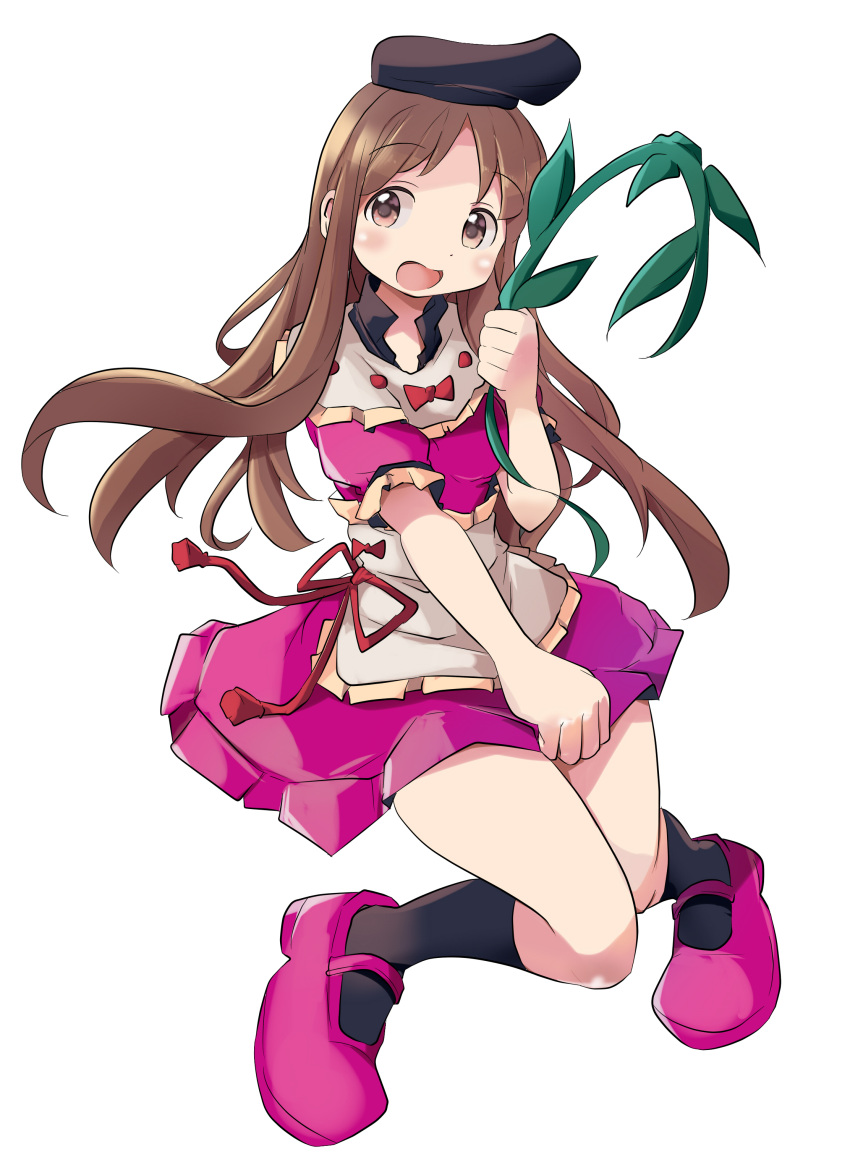 1girl :d absurdres beret black_headwear black_socks brown_eyes brown_hair dress full_body hat hidden_star_in_four_seasons highres holding long_hair looking_at_viewer mukuroi nishida_satono open_mouth pink_dress pink_footwear short_sleeves simple_background smile socks solo touhou white_background