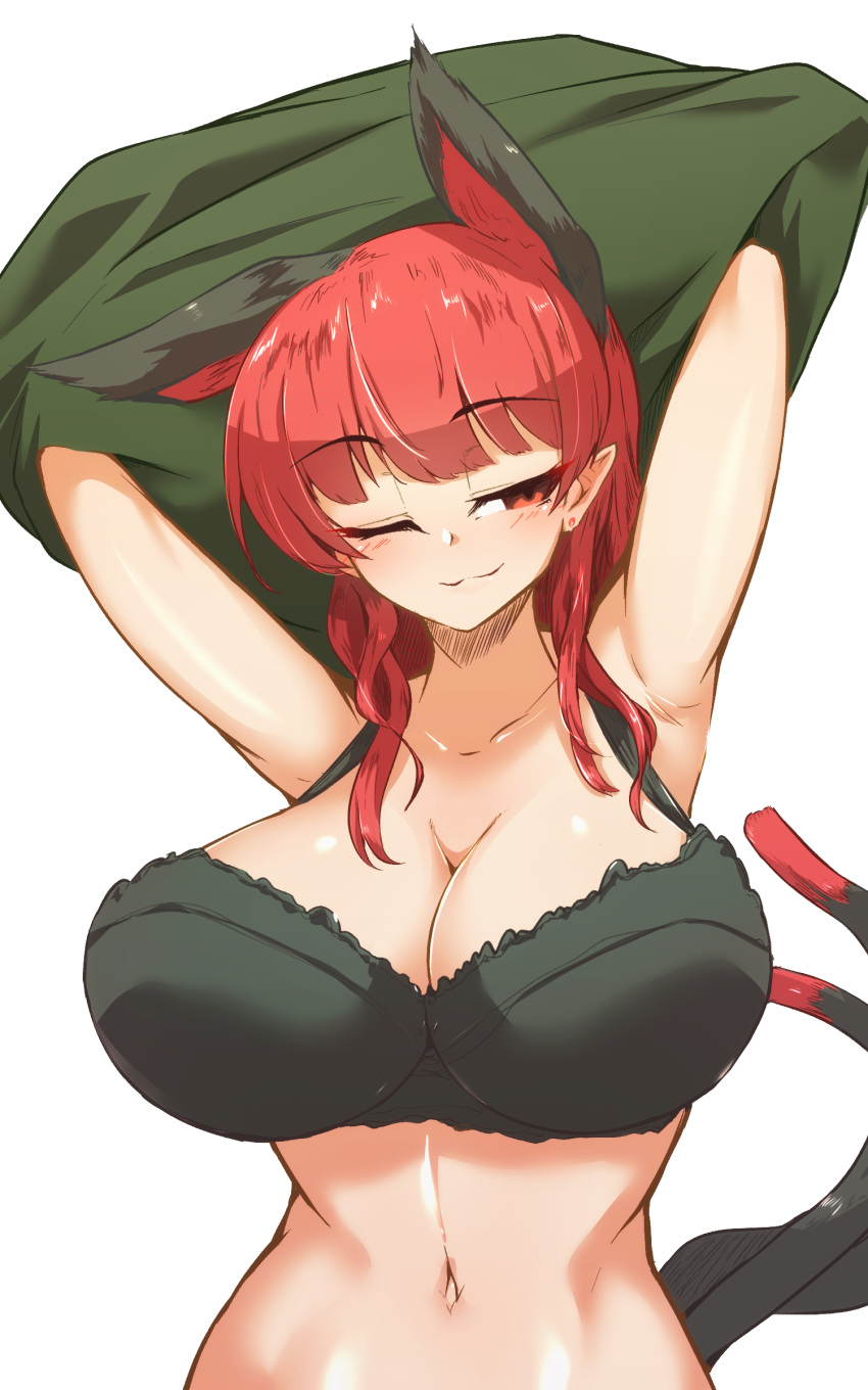 1girl absurdres alternate_hairstyle animal_ears armpits arms_up bangs black_bra blunt_bangs bow bra breasts cat_ears cat_girl cat_tail cleavage closed_mouth dress earrings extra_ears green_dress hair_down half-closed_eye highres huge_breasts jewelry kaenbyou_rin light_blush looking_to_the_side multiple_tails navel nekomata one_eye_closed pandain pointy_ears red_eyes red_hair simple_background smile solo tail touhou two_tails underwear undressing upper_body white_background