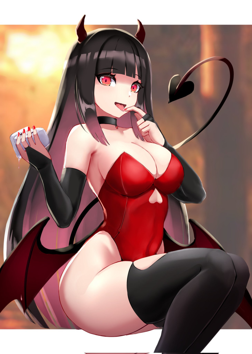 1girl bangs bare_shoulders black_choker black_gloves black_hair blunt_bangs border breasts bridal_gauntlets choker clothing_cutout colored_inner_hair commentary demon_horns demon_tail demon_wings finger_to_mouth food gloves gradient_hair hands_up highleg highleg_leotard highres holding holding_food horns indie_virtual_youtuber large_breasts legs_together leotard letterboxed long_hair looking_at_viewer multicolored_hair open_mouth orange_eyes outside_border pink_hair red_leotard sidelocks skindentation slash-ex solo spanish_commentary strapless strapless_leotard tail tongue tongue_out two-tone_hair very_long_hair virtual_youtuber white_border wings yogurt yomeguri_hana