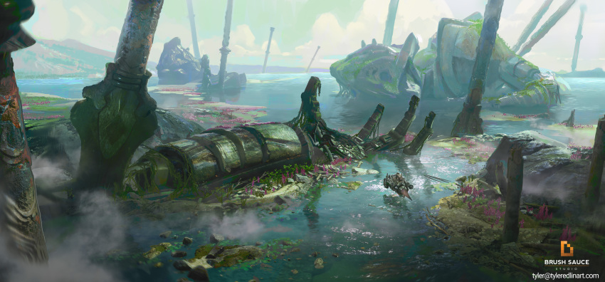 absurdres aircraft battlefield cloud damaged debris dirty english_commentary english_text fog highres hovercraft impaled machinery mecha moss original realistic robot rust science_fiction severed_limb sword tyler_edlin water watercraft weapon wetland wreckage