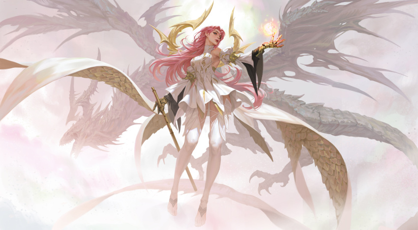 1girl absurdres casting_spell detached_sleeves dragon dress facing_viewer fire floating_hair full_body gauntlets hand_up highres holding long_hair looking_away magic original pantyhose pink_hair scales white_dress white_pantyhose zero_q_0q