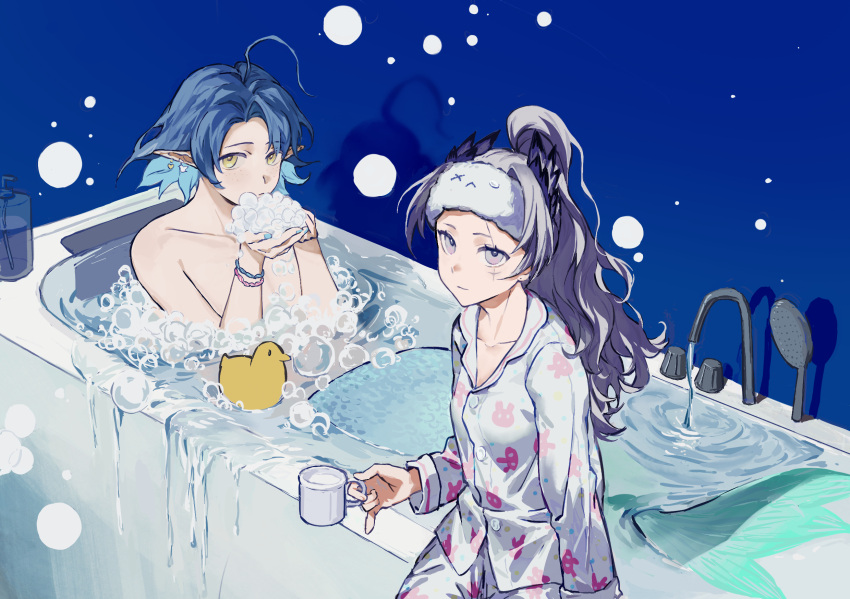 1boy 1girl ahoge alternate_costume alternate_hairstyle animal_print arknights bathing blue_background blue_hair blue_nails bracelet bunny_print closed_mouth collarbone cowboy_shot cup earrings faucet grey_eyes grey_hair high_ponytail highres holding holding_cup irene_(arknights) jewelry long_hair long_sleeves looking_at_viewer lumen_(arknights) merman monster_boy mug multicolored_hair nail_polish pajamas partially_submerged pointy_ears ponytail rubber_duck scar scar_across_eye scar_on_face short_hair simple_background smile soap_bubbles two-tone_hair water xingxingfanfan yellow_eyes