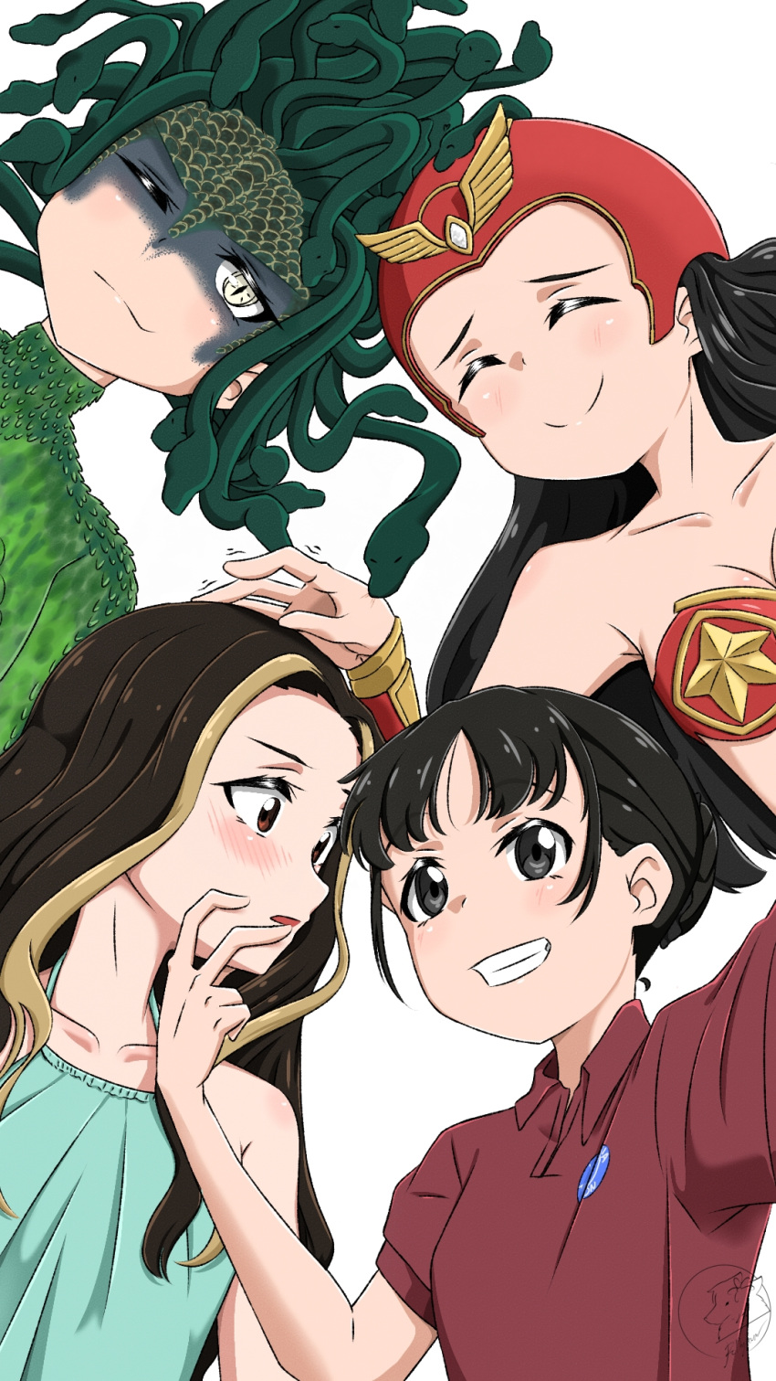 2girls bikini black_eyes black_hair blush bracelet brown_eyes brown_hair closed_eyes darna darna_(character) dual_persona english_commentary english_text fangs grin hand_on_another's_chin headpat helmet highres jewelry lamia long_hair monster_girl multicolored_hair multiple_girls narda_(darna) one_eye_closed red_bikini regina_(darna) rolfyramc shirt smile snake_hair strapless strapless_bikini superhero swimsuit two-tone_hair upper_body v valentina_(darna) yuri