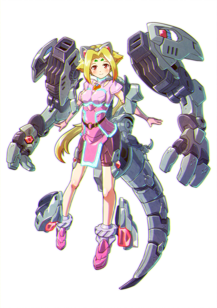 1girl absurdres bike_shorts blonde_hair breasts cosplay fiona_(zoids) highres ibuki_sakura_(sgw_v07) long_hair looking_at_viewer low_ponytail mecha_musume mechanical_ears mechanical_tail open_hands pink_footwear pink_shirt purple_shorts red_eyes shirt shorts small_breasts solo tail white_background zeke_(zoids) zeke_(zoids)_(cosplay) zoids zoids_chaotic_century