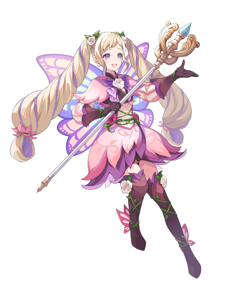 1girl alternate_costume bangs blonde_hair boots dress earrings elise_(fire_emblem) fairy_wings fire_emblem fire_emblem_fates fire_emblem_heroes flower full_body gloves gradient gradient_clothes hair_ornament highres holding jewelry layered_skirt leg_up long_hair long_sleeves looking_away multicolored_hair non-web_source official_art open_mouth pleated_skirt purple_eyes purple_hair ringozaka_mariko shiny shiny_hair short_dress skirt smile solo staff striped thigh_boots transparent_background twintails two-tone_hair vertical_stripes wings zettai_ryouiki