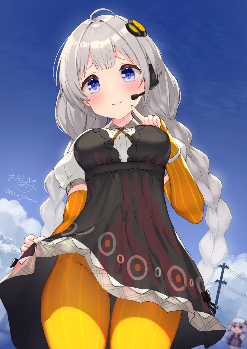 1girl absurdres black_dress blue_eyes blush bracelet braid breasts clothes_lift cowboy_shot dress gloves grey_dress hair_ornament highres jewelry kizuna_akari kotonoha_aoi large_breasts looking_at_viewer ochinsama orange_gloves orange_pantyhose orange_thighhighs pantyhose striped striped_gloves striped_pantyhose thighhighs twin_braids vertical-striped_gloves vertical-striped_pantyhose vertical_stripes voiceroid