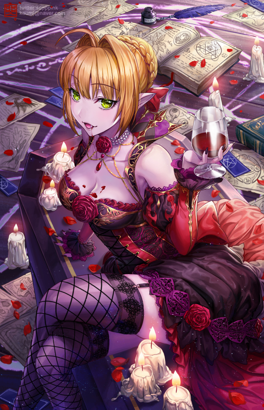 1girl ahoge alcohol bare_shoulders black_panties blonde_hair book bow box_(hotpppink) breasts candle choker coffin cup dress drinking_glass fate/grand_order fate_(series) feathers flower gem gold_trim green_eyes hair_bow highres ink jewelry lace long_dress long_sleeves manicure medium_breasts nero_claudius_(fate) panties pentagram red_bow red_dress red_gemstone rose short_hair sitting teeth underwear vampire white_choker wine wine_glass