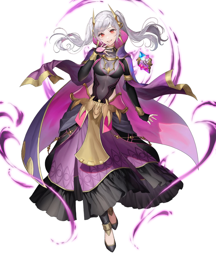 1girl aura bangs black_dress bracelet breasts bridal_gauntlets cape dark_aura dress evil_smile fire_emblem fire_emblem_awakening fire_emblem_heroes floating floating_object full_body glowing gold_trim hair_ornament hand_tattoo hand_up head_tilt highres jewelry loincloth long_hair long_skirt long_sleeves looking_at_viewer medium_breasts non-web_source official_art okuma_mai parted_lips red_eyes robin_(fire_emblem) robin_(fire_emblem)_(female) shiny shiny_hair shoes skirt smile solo standing stone tattoo transparent_background turtleneck twintails white_hair