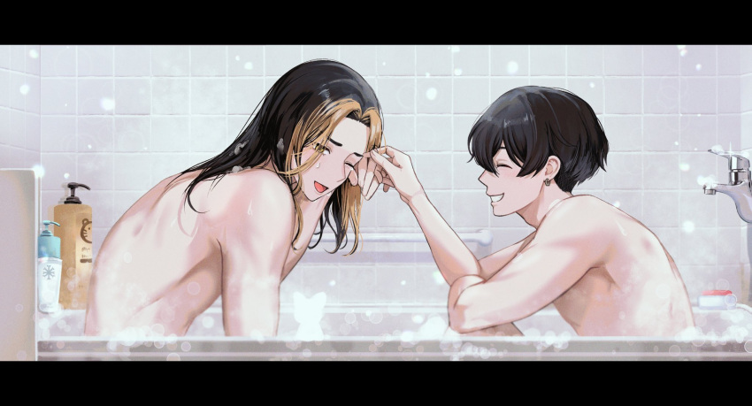 2boys bare_shoulders bath bathing black_hair blonde_hair character_request closed_eyes earrings highres jewelry long_hair male_focus mito_(jinzero) multicolored_hair multiple_boys one_eye_closed open_mouth shampoo short_hair smile tokyo_revengers two-tone_hair yaoi