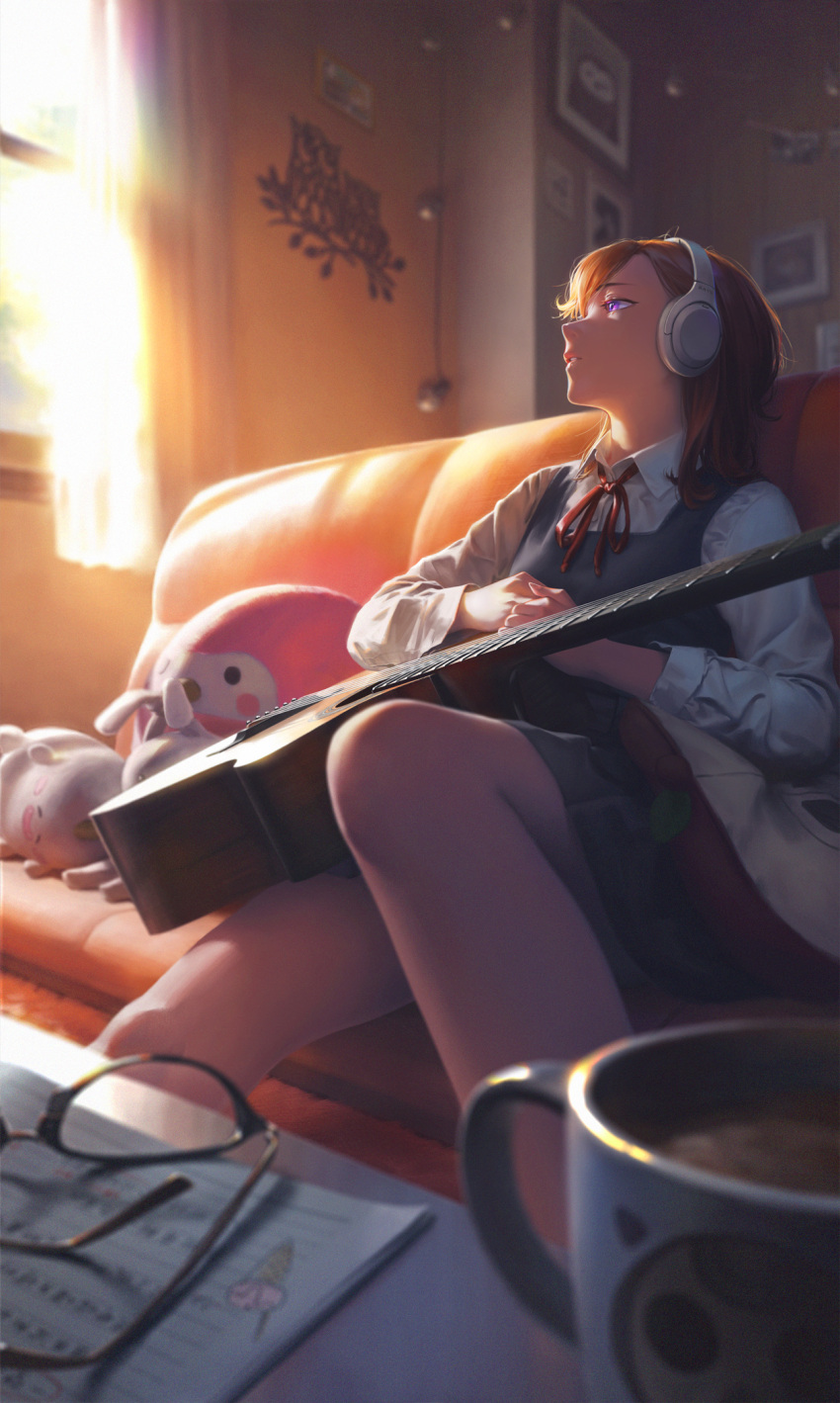 1girl acoustic_guitar bangs blurry brown_hair collared_shirt couch cup curtains depth_of_field dress dress_shirt duplicate glasses grey_dress guitar headphones highres indoors instrument looking_to_the_side love_live! love_live!_superstar!! medium_hair mug namako_mikan neck_ribbon notebook orange_hair parted_lips picture_frame pixel-perfect_duplicate pleated_skirt purple_eyes realistic red_ribbon ribbon school_uniform shibuya_kanon shirt sidelighting sitting skirt stuffed_animal stuffed_toy summer_uniform white_shirt window yuigaoka_music_program_school_uniform yuigaoka_school_uniform