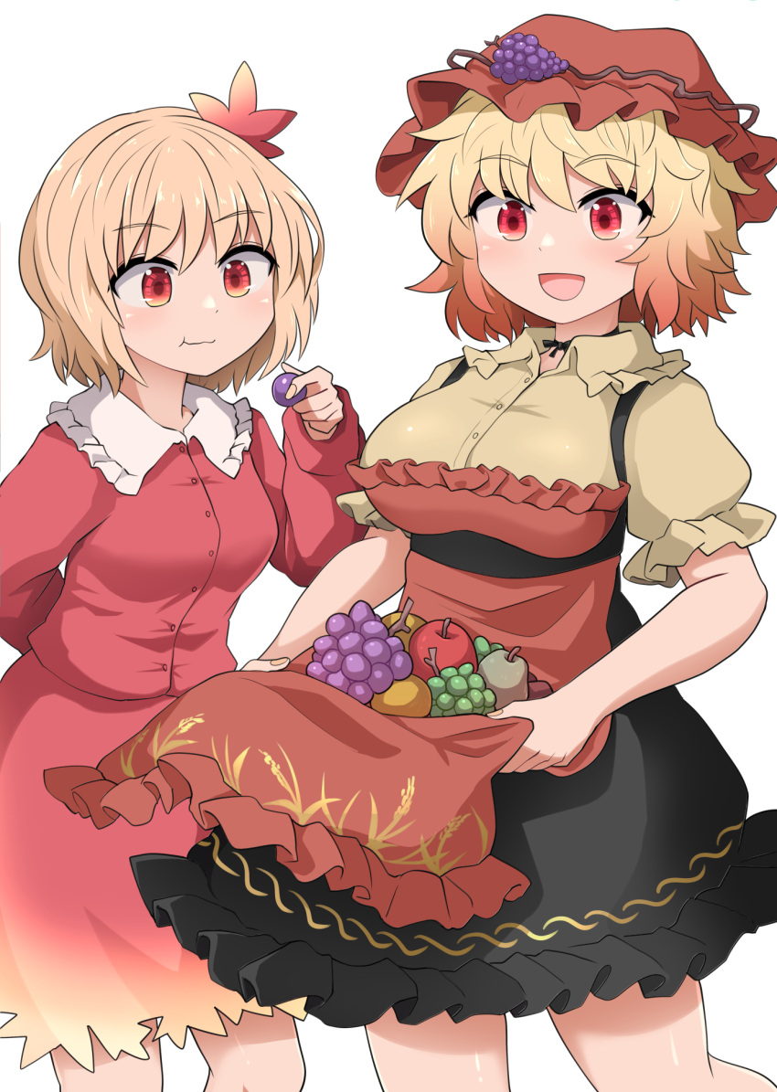 2girls :d aki_minoriko aki_shizuha apron apron_basket blonde_hair breasts chups closed_mouth dress eating food fruit grapes hat highres large_breasts mob_cap multiple_girls open_mouth pear red_apron red_dress red_eyes red_headwear short_hair short_sleeves siblings simple_background sisters smile tomato touhou white_background yellow_dress