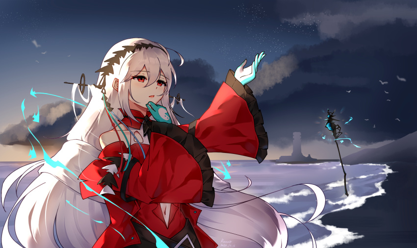 1girl aqua_gloves arknights bare_shoulders beach blue_sky clothing_cutout detached_sleeves dress dusk gloves grey_hair hair_between_eyes hands_up headgear highres long_hair long_sleeves navel navel_cutout no_headwear ocean official_alternate_costume outdoors parted_lips red_dress red_eyes red_sleeves ronaxinglei sand skadi_(arknights) skadi_the_corrupting_heart_(arknights) sky solo staff star_(sky) starry_sky very_long_hair water waves