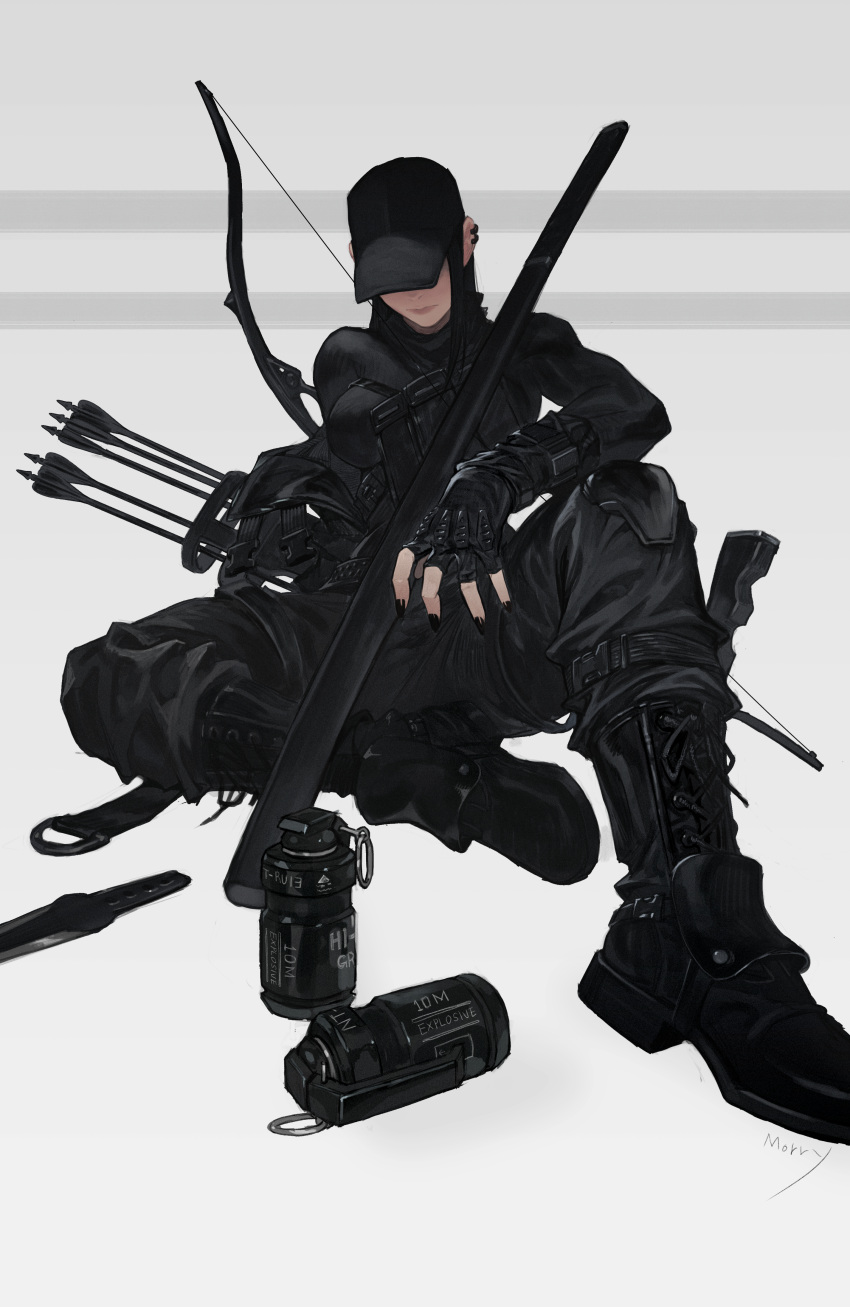 1girl absurdres arrow_(projectile) belt black_footwear black_gloves black_hair black_nails black_suit boots bow_(weapon) breast_strap breasts commentary ear_piercing english_commentary explosive fingerless_gloves formal full_body gloves grenade grey_background hat hat_over_eyes highres katana knife large_breasts morry nail_polish original pants piercing sheath sheathed simple_background sitting solo suit sweater sword turtleneck turtleneck_sweater weapon weapon_on_back