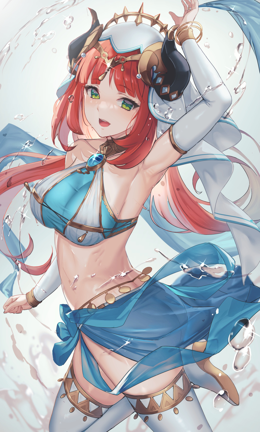 1girl :d absurdres arm_up armpits ass bangs bare_shoulders blue_skirt blush bracer breasts brooch circlet cowboy_shot crop_top detached_sleeves genshin_impact glint gold_trim green_eyes harem_outfit high_heels highres horns jewelry large_breasts leg_up long_sleeves looking_at_viewer matsumoto_mitsuaki neck_ring nilou_(genshin_impact) open_mouth parted_bangs red_hair see-through see-through_skirt shirt skirt sleeveless sleeveless_shirt smile solo swimsuit taut_clothes taut_shirt thighhighs twisted_torso veil water white_headwear white_sleeves white_thighhighs