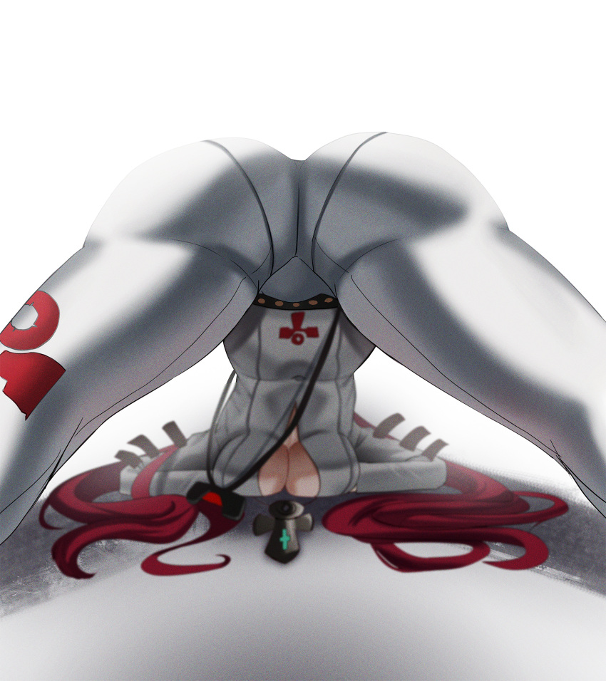 1girl ankh ankh_necklace arched_back ass bodysuit breasts choister cleavage commentary_request flexible from_behind guilty_gear guilty_gear_strive highres jack-o'_challenge jack-o'_valentine legs_apart long_hair long_sleeves medium_breasts red_hair simple_background skin_tight solo stretching white_background white_bodysuit