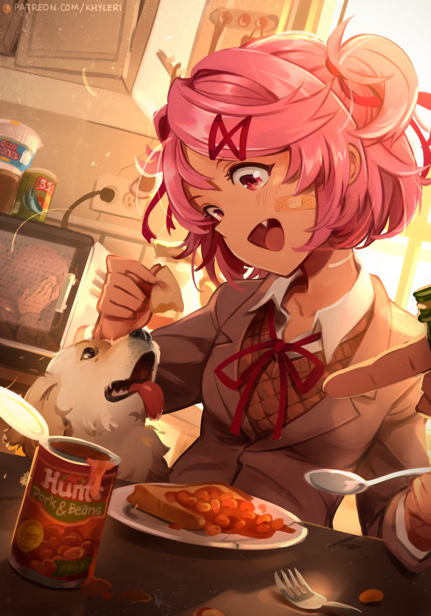 1other 2girls absurdres bandaid bandaid_on_cheek bandaid_on_face beans beans_on_toast can character_request commentary cup_ramen dog doki_doki_literature_club english_commentary fang food fork highres holding holding_spoon khyle. multiple_girls natsuki_(doki_doki_literature_club) open_mouth pink_eyes pink_hair plate pointing reflection school_uniform solo_focus spoon toast twintails web_address