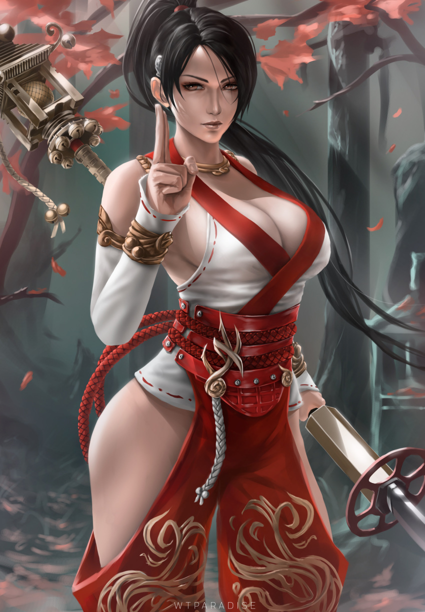 1girl arm_warmers artist_name bangs bare_shoulders black_hair breasts brown_eyes cleavage closed_mouth collar commentary dead_or_alive dead_or_alive_5 hair_ornament high_ponytail highres holding japanese_clothes large_breasts lips long_hair looking_at_viewer momiji_(ninja_gaiden) ninja_gaiden nontraditional_miko outdoors pants polearm ponytail rope shimenawa simple_background thighs tree weapon wtparadise