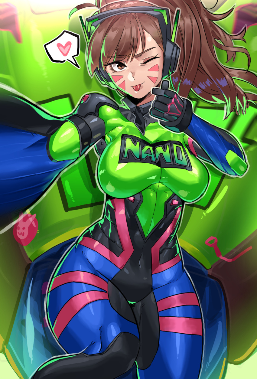 1girl ;p bangs bodysuit breasts brown_eyes brown_hair colored_tips curvy d.va_(overwatch) facial_mark from_above gamjasssak headphones heart highres impossible_bodysuit impossible_clothes large_breasts long_hair looking_at_viewer lying mecha meka_(overwatch) multicolored_hair nano_cola_d.va official_alternate_costume on_back one_eye_closed outstretched_arm overwatch overwatch_1 ponytail reaching_out robot selfie shoulder_pads skin_tight solo spoken_heart swept_bangs taking_picture thigh_gap tongue tongue_out whisker_markings wide_hips wireless