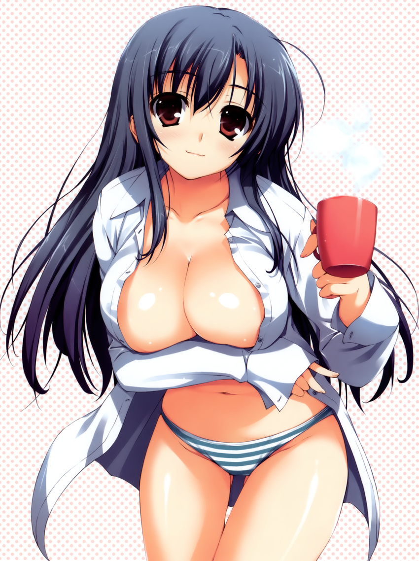 absurdres blue_hair breast_hold breasts cleavage cup hands highres large_breasts long_hair mug no_pants open_clothes open_shirt original panties shirt smile solo striped striped_panties tomose_shunsaku underwear