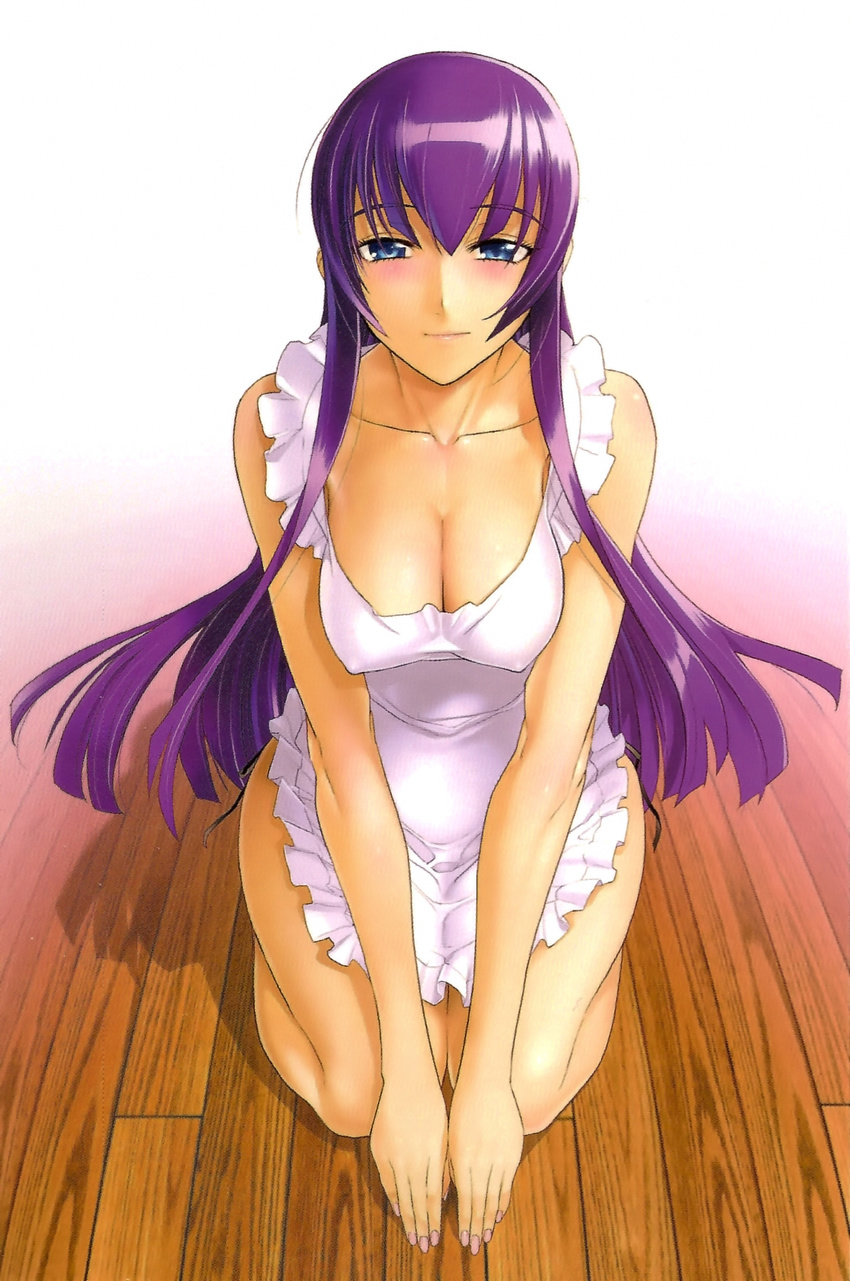 absurdres apron blue_eyes breasts busujima_saeko cleavage covered_nipples frills highres highschool_of_the_dead jpeg_artifacts large_breasts legs long_hair nail_polish naked_apron purple_hair satou_shouji scan seiza sitting smile solo