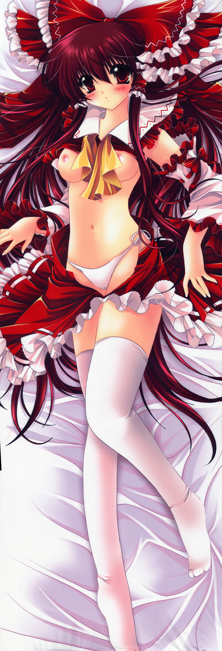 absurdres bed_sheet blush bow breasts brown_eyes brown_hair dakimakura detached_sleeves full_body hair_bow hakurei_reimu highres legs long_hair lying medium_breasts nipples no_bra non-web_source on_back panties sakurano_tsuyu shirt_lift side-tie_panties solo thighhighs touhou underwear undressing very_long_hair white_legwear