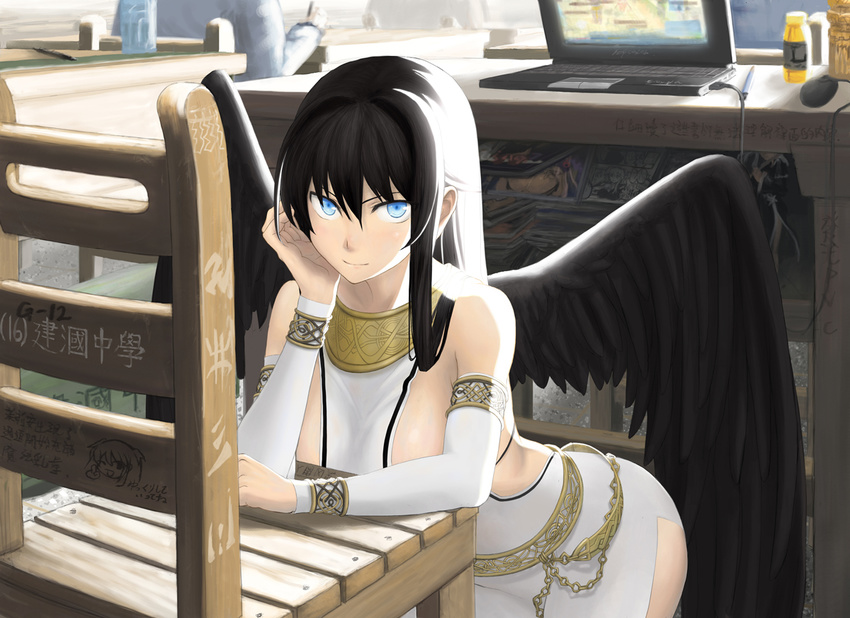 angel_wings black_hair black_wings blue_eyes breasts computer detached_sleeves dress figure laptop large_breasts long_hair mabinogi manga_(object) morrighan nao_(mabinogi) shirajira sideboob solo wings