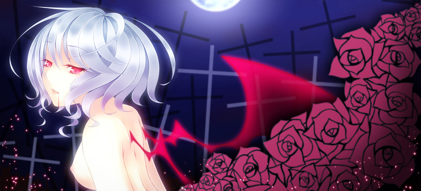 blood blood_on_face bloom breasts cross highres medium_breasts moon night nipples red_eyes remilia_scarlet shihiron short_hair silver_hair solo touhou wings