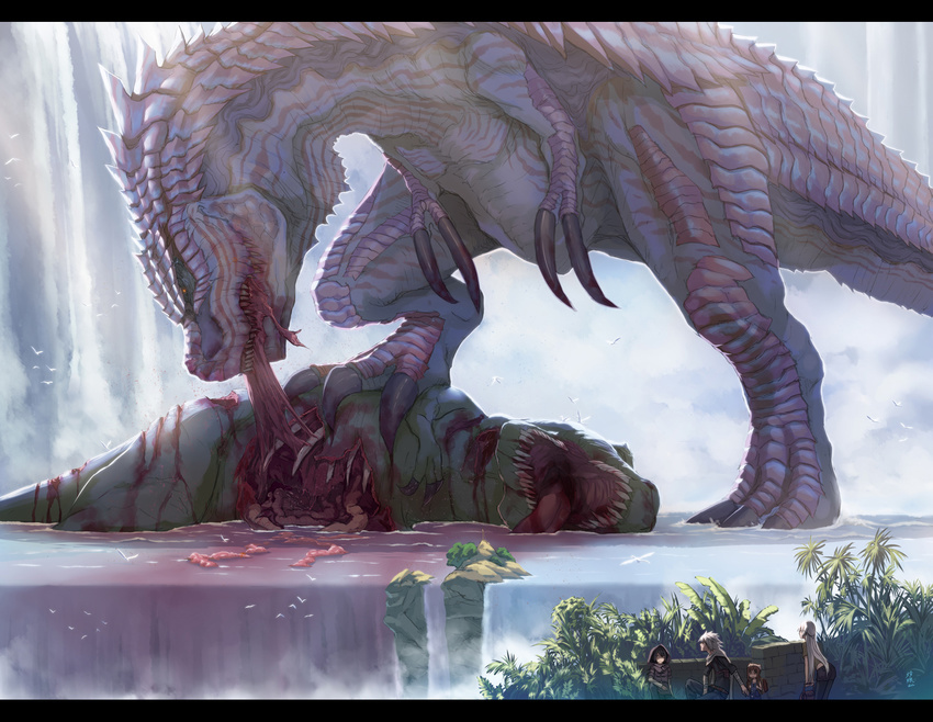 3girls bird black_hair blood bone brown_hair dinosaur eating fantasy guro hat highres hood intestines letterboxed monster multiple_girls original plant water waterfall white_hair zhen_lu