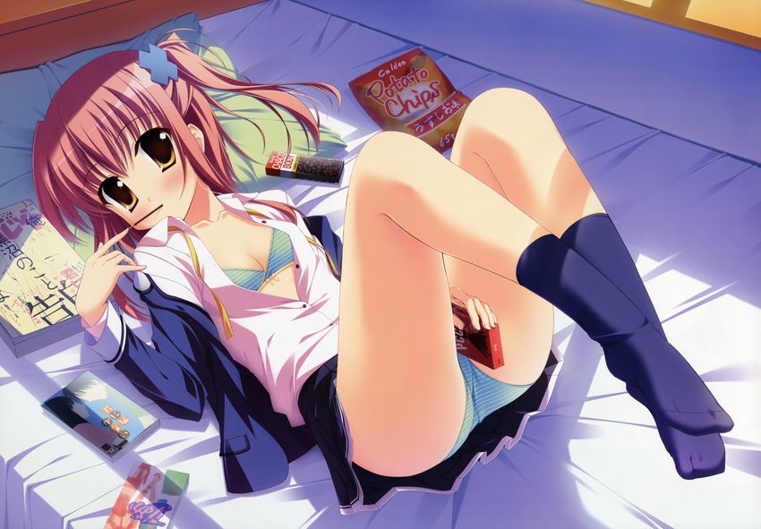 absurdres angel_ring bed book bra chips food highres huge_filesize lingerie open_clothes open_shirt panties pink_hair pocky potato_chips school_uniform shirt socks solo striped striped_bra striped_panties toomi_sana underwear yamakaze_ran