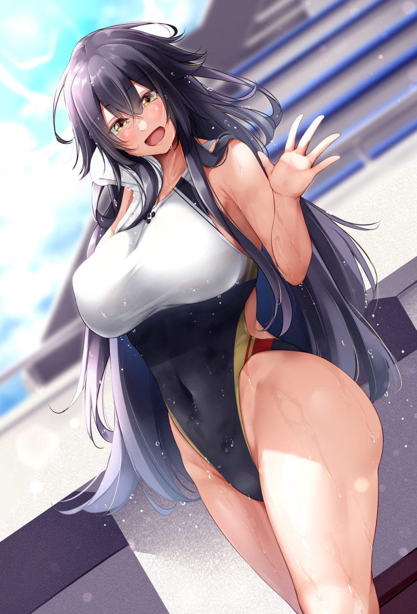 1girl absurdres ahoge azuma_(azur_lane) azur_lane black_hair black_one-piece_swimsuit blush breasts competition_swimsuit covered_navel day hair_between_eyes highleg highres large_breasts long_hair looking_at_viewer one-piece_swimsuit open_mouth oriue_wato smile solo swimsuit thighs towel white_one-piece_swimsuit yellow_eyes