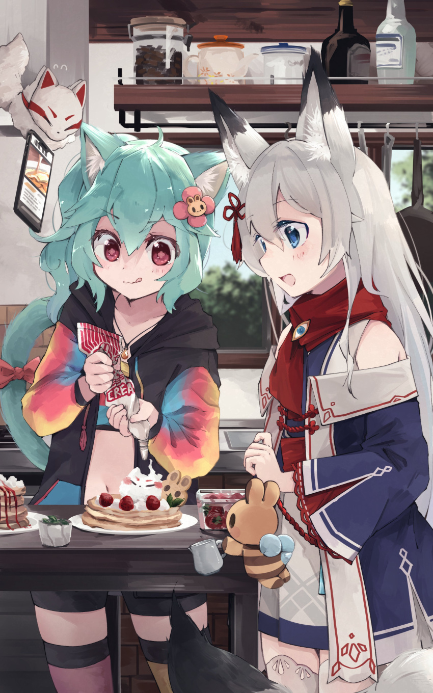 2girls :d :q absurdres animal_ears aqua_hair black_shorts blue_eyes cat_ears cat_girl cat_tail cellphone commission cream creature food fox_ears fox_girl fox_mask fox_tail highres hood hood_down hoodie indie_virtual_youtuber jar long_hair long_sleeves mask medium_hair multicolored_sleeves multiple_girls nanana_(nanana_iz) navel off-shoulder_coat off_shoulder open_clothes open_hoodie original pancake pastry_bag phone pink_eyes rosedoodle_(vtuber) scarf second-party_source shorts skeb_commission smartphone smile tail thighhighs tongue tongue_out v-shaped_eyebrows virtual_youtuber whipped_cream white_hair wide_sleeves