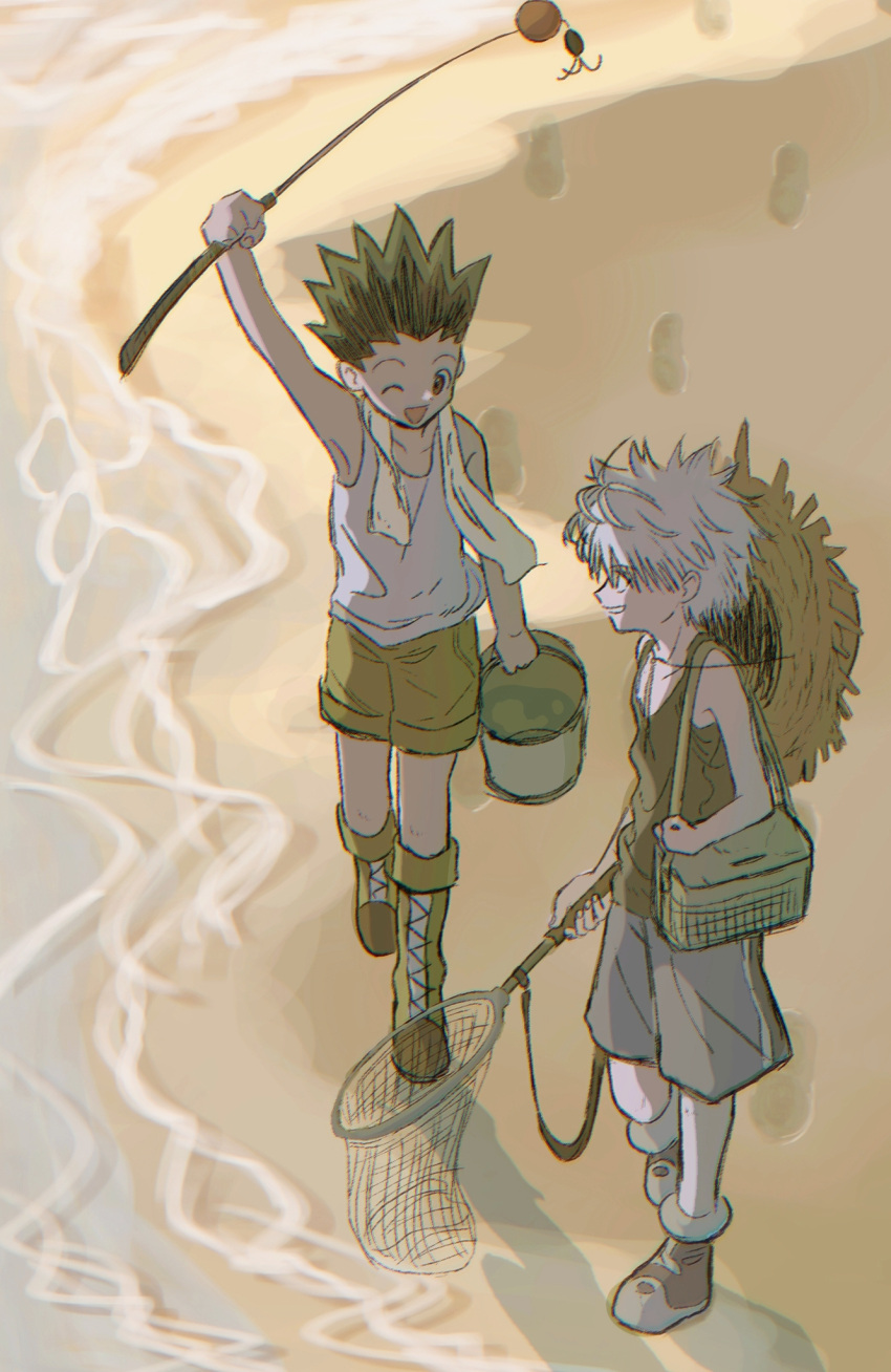 2boys arm_up bag beach black_hair boots bucket butterfly_net child fishing_rod from_above gon_freecss hand_net hat hat_around_neck highres holding holding_bucket holding_butterfly_net holding_fishing_rod hunter_x_hunter killua_zoldyck male_child male_focus multiple_boys outdoors short_hair shorts sleeveless straw_hat tank_top thicopoyo walking white_hair