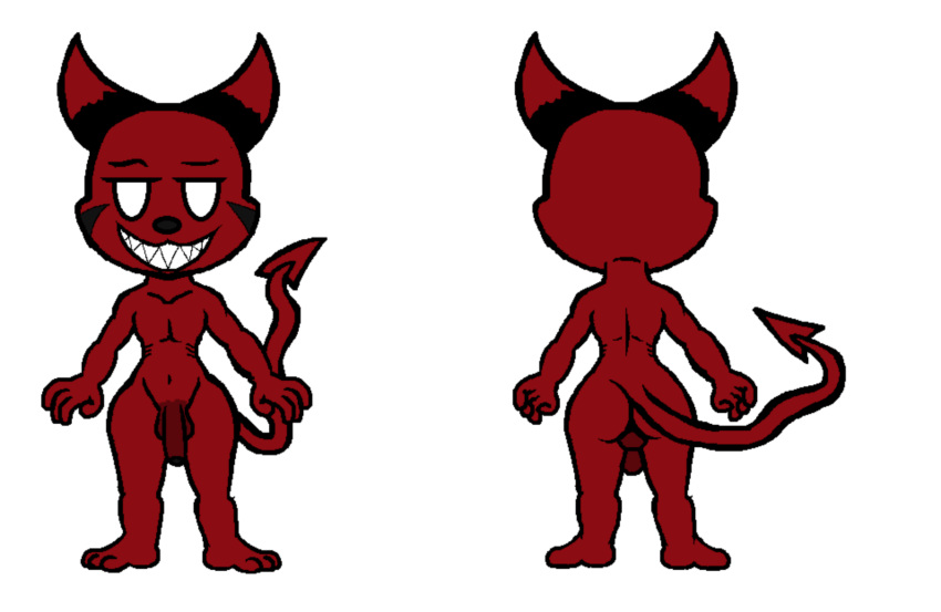 absurd_res balls butt demon digital_drawing_(artwork) digital_media_(artwork) flaccid genitals hi_res horn imp impy looking_at_viewer male model model_sheet okami23_(artist) penis rear_view red_body simple_background smile smiling_at_viewer solo spade_tail white_background white_eyes