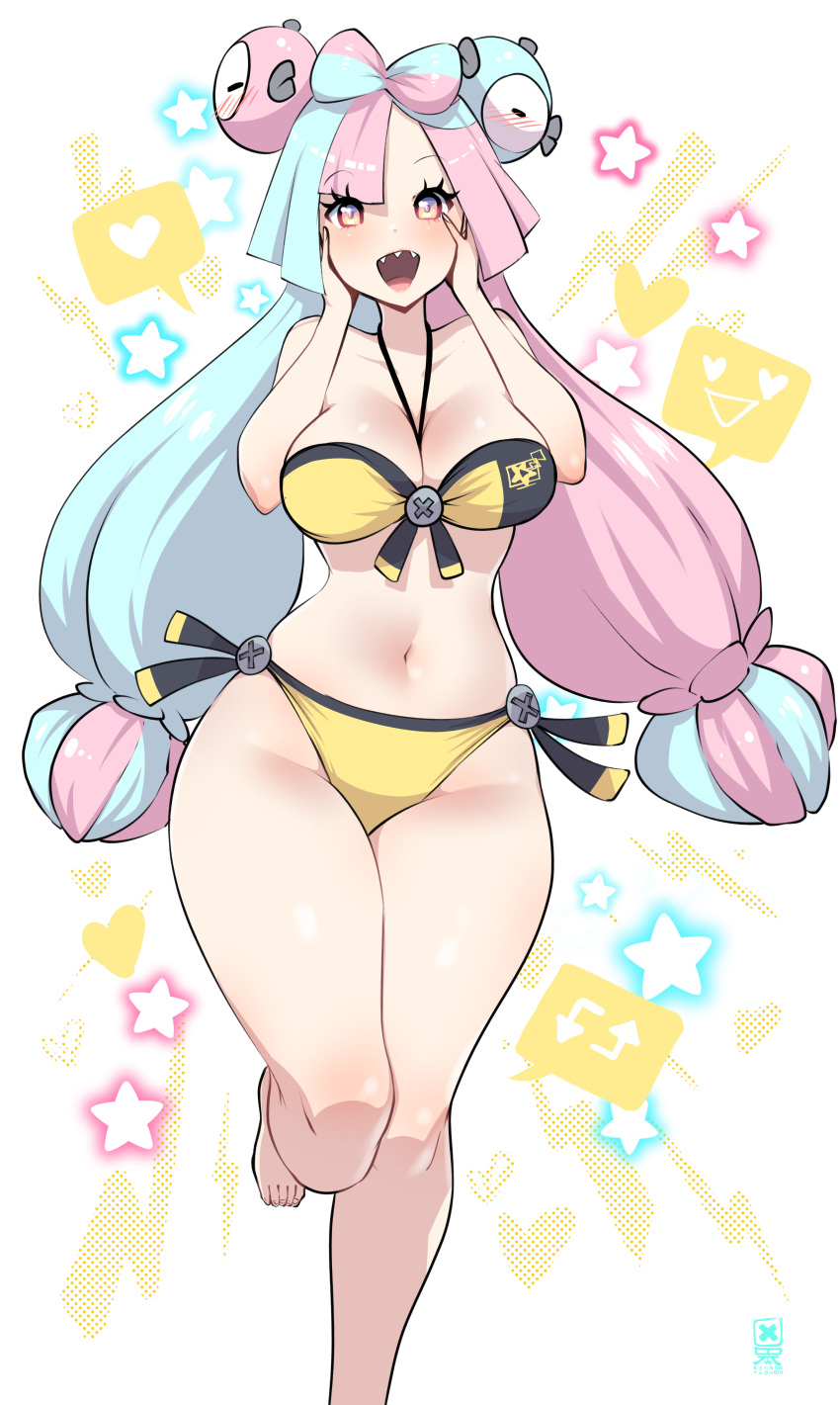 1girl absurdres aqua_hair bikini breasts character_hair_ornament hair_ornament highres iono_(pokemon) kenron_toqueen long_hair low-tied_long_hair medium_breasts multicolored_hair navel pink_hair pokemon pokemon_(game) pokemon_sv sharp_teeth solo swimsuit teeth