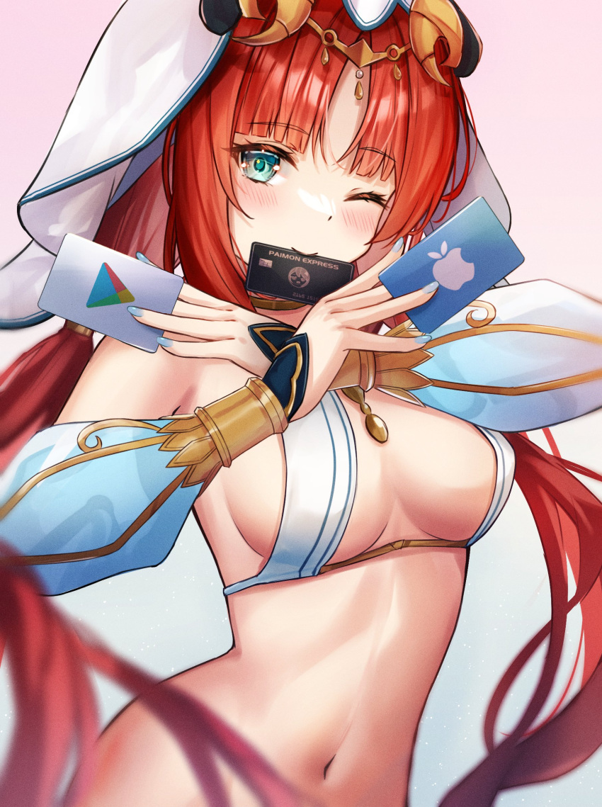 1girl ;) absurdres aqua_eyes atychi breasts credit_card genshin_impact google_play highres horns long_hair long_sleeves looking_at_viewer medium_breasts navel nilou_(genshin_impact) one_eye_closed out-of-frame_censoring puffy_long_sleeves puffy_sleeves red_hair smile twintails vambraces veil