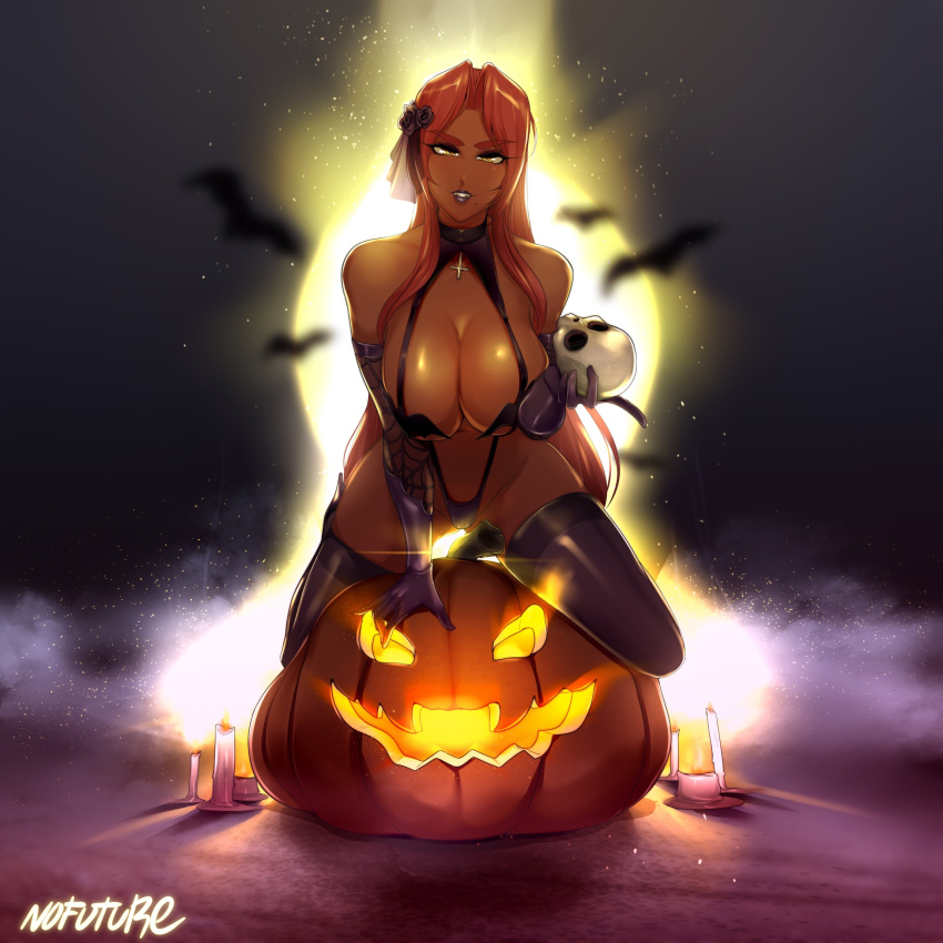 1girl bat_(animal) black_thighhighs breasts dark-skinned_female dark_skin elbow_gloves fangs gloves hair_intakes halloween highres ingrid_(taimanin_murasaki) jack-o'-lantern large_breasts lipstick long_hair looking_at_viewer makeup mole mole_under_mouth nofuture parted_lips pink_hair pumpkin purple_lips shiny shiny_hair shiny_skin skindentation slingshot_swimsuit smile solo spread_legs swimsuit taimanin_(series) taimanin_murasaki thighhighs yellow_eyes