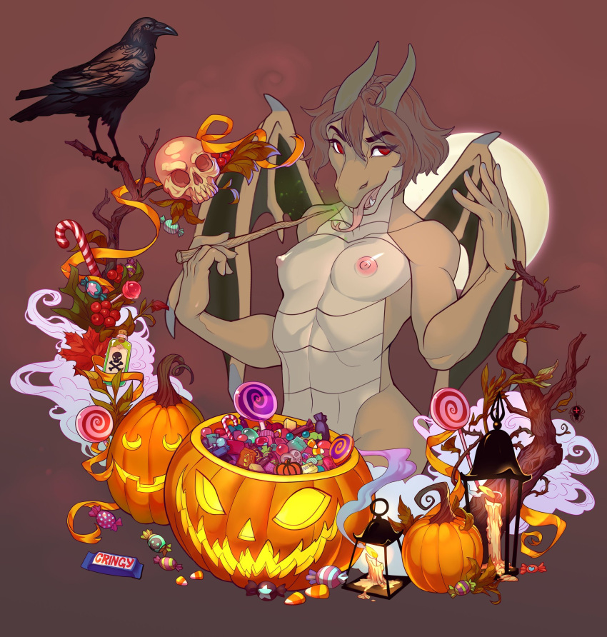 anthro avian bird breasts candy corvid corvus_(genus) crow dessert eyelashes felicesta female fog food forked_tongue hair halloween head_tuft hi_res holidays horn jack-o'-lantern ko_(e10109) kobold lamp lantern membrane_(anatomy) membranous_wings moon nails nipples nude oscine passerine poison red_hair ribbons scalie small_breasts solo solo_focus standing tongue tongue_out tuft visible_ribs wand wide_hips wings ych_result