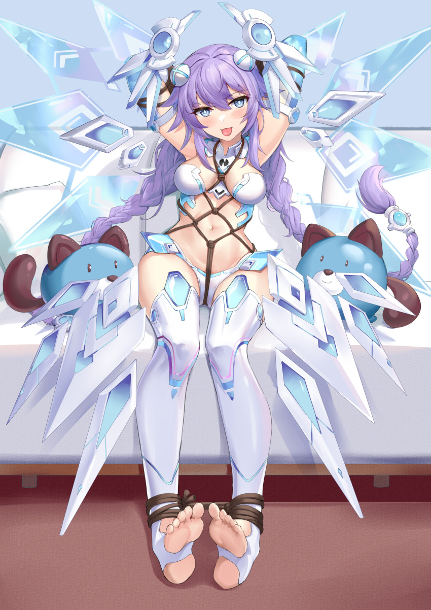 1girl 463_jun :p absurdres armpits arms_behind_head arms_up bare_shoulders blue_eyes blush bound bound_arms bound_legs braid breasts choujigen_game_neptune_the_animation couch d-pad d-pad_hair_ornament dogoo elbow_gloves feet full_body gloves groin hair_ornament headgear highres indoors long_hair looking_at_viewer medium_breasts navel neptune_(series) no_shoes official_alternate_costume on_couch power_symbol purple_hair purple_heart revealing_clothes shibari sitting soles solo stirrup_legwear stomach symbol-shaped_pupils thighhighs toeless_legwear toes tongue tongue_out twin_braids twintails very_long_hair wings