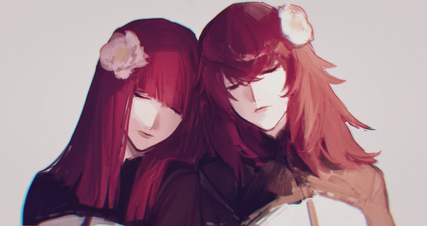 2girls absurdres closed_eyes devola flower hair_flower hair_ornament highres huangjin_shizi messy_hair multiple_girls nier_(series) nier_automata popola red_hair siblings sisters sleeping straight_hair twins