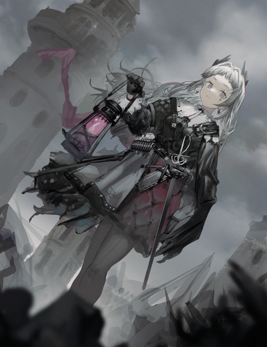 1girl absurdres ammunition_belt arknights black_dress black_gloves cloud cloudy_sky dress dutch_angle earrings feet_out_of_frame gloves grey_eyes grey_hair grey_sky gun hair_intakes hand_up handgun head_wings highres holding holding_lantern holstered_weapon irene_(arknights) jewelry lantern long_sleeves looking_at_viewer multicolored_clothes multicolored_dress neumo pantyhose pink_dress scar scar_across_eye sheath sheathed sky solo standing sword tower weapon white_dress white_pantyhose