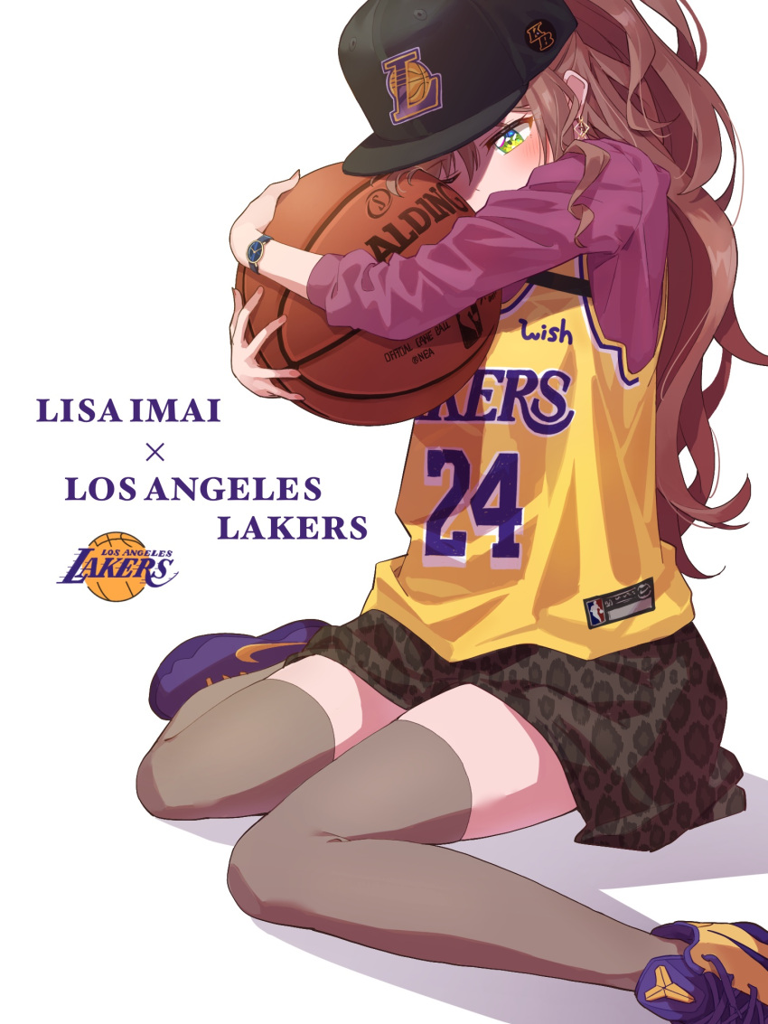 1girl animal_print ball bang_dream! baseball_cap basketball basketball_jersey black_headwear black_thighhighs brown_hair character_name earrings green_eyes hair_behind_ear hat highres holding holding_ball imai_lisa jewelry leopard_print los_angeles_lakers national_basketball_association object_hug one_eye_closed print_skirt shirt shoes sitting skirt sleeveless sleeveless_shirt sneakers solo thighhighs wariza white_background yazawa_happyaro yellow_footwear yellow_shirt