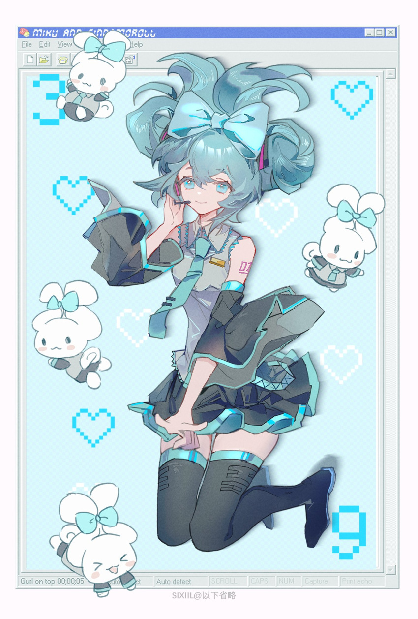 1girl arm_tattoo artist_name bangs bare_shoulders black_footwear black_skirt blue_eyes blue_hair blue_necktie boots bow cinnamiku cinnamoroll detached_sleeves double_bun floating full_body grey_shirt hair_bow hair_bun hand_up hatsune_miku headset highres looking_at_viewer medium_hair necktie number_tattoo pixel_heart sanrio shirt sixii skirt sleeveless sleeveless_shirt smile solo tattoo thigh_boots updo user_interface vocaloid white_background wide_sleeves window_(computing) windows yume_kawaii