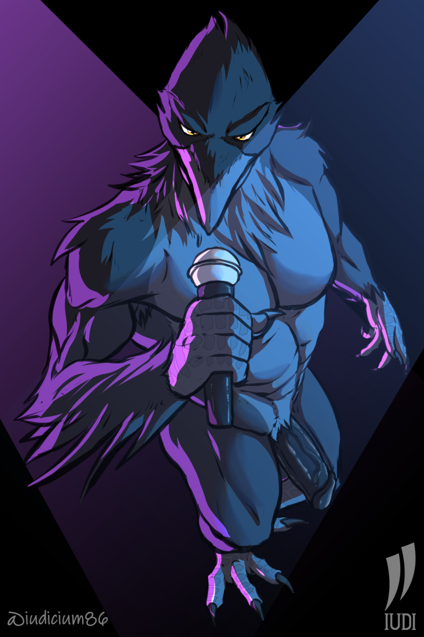 abs anthro avian bird circumcised claws corvid corvus_(genus) crow genitals hi_res iudicium86 male microphone muscular nude oscine passerine pecs penis singer solo vein veiny_penis