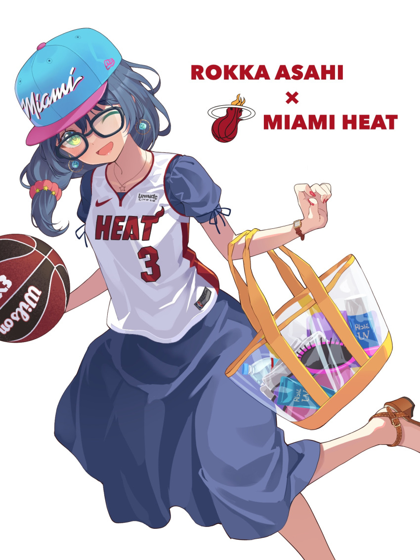 1girl asahi_rokka bang_dream! baseball_cap basketball black_hair blue_headwear bottle character_name dress earrings glasses green_eyes grey_dress hair_brush hat highres jewelry logo looking_at_viewer medium_hair miami_heat national_basketball_association new_era one_eye_closed red_nails running see-through shirt sleeveless sleeveless_shirt smile solo watch water_bottle wristwatch yazawa_happyaro