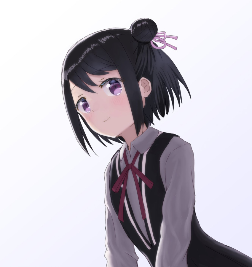 1girl bangs black_dress black_hair blush dress highres kuroe_(madoka_magica) magia_record:_mahou_shoujo_madoka_magica_gaiden magical_girl mahou_shoujo_madoka_magica neck_ribbon purple_eyes ribbon school_uniform shirt short_hair sidelocks smile solo swept_bangs usagikoya white_background white_shirt