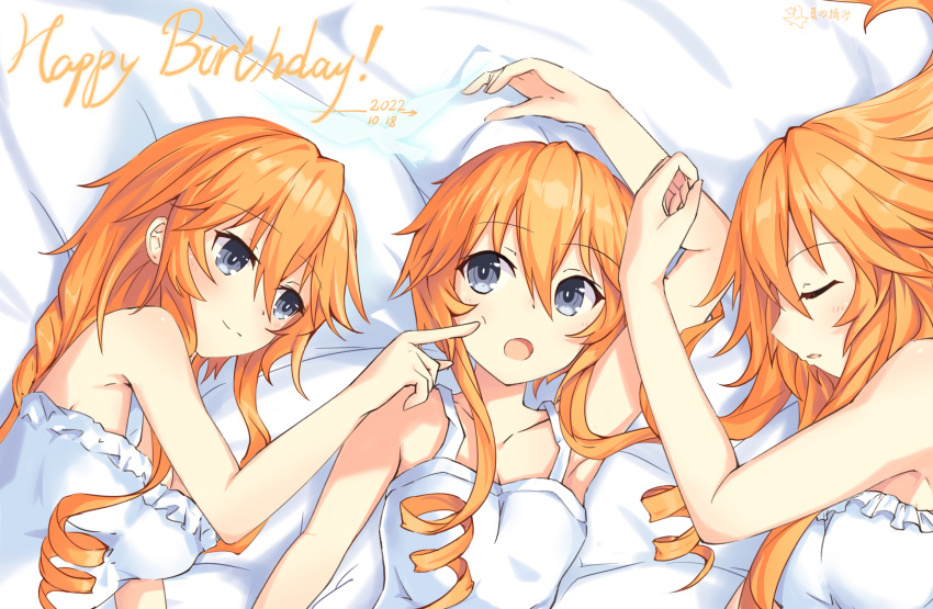 3girls :o arm_up armpits bare_shoulders birthday blue_eyes blush braid braided_ponytail breasts cheek_poking cleavage date_a_live drill_hair facing_another facing_viewer finger_to_another's_cheek hair_between_eyes hand_on_another's_face hand_on_another's_head hand_up happy_birthday highres kazamachi_yamai large_breasts long_hair looking_at_another lying medium_breasts mixed-language_commentary multiple_girls multiple_persona nightgown on_back on_bed on_side orange_hair parted_lips poking seventh-natsu siblings sisters sleeping small_breasts smile surprised twin_drills twins upper_body very_long_hair yamai_kaguya yamai_yuzuru