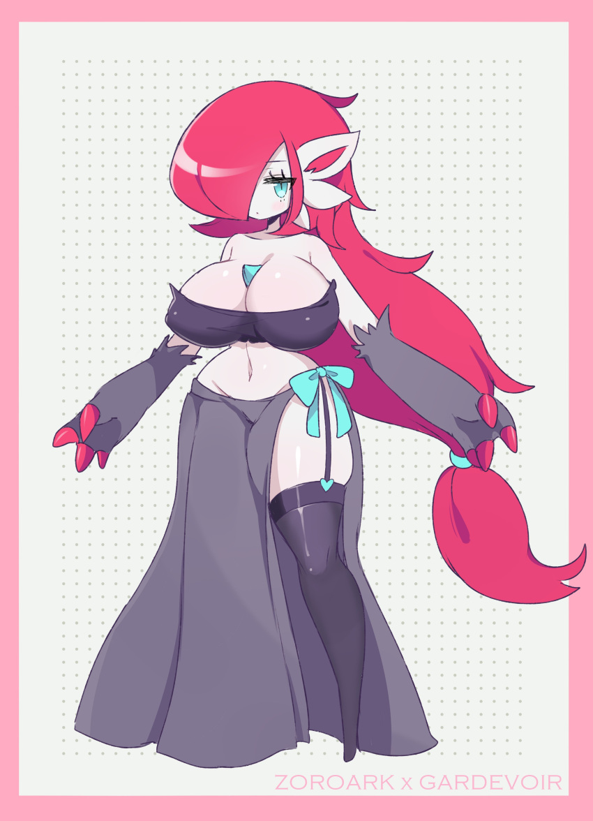 absurd_res alternate_color anthro blue_eyes clarevoir clothing dusk_(psyke) female gardevoir garter_straps generation_3_pokemon generation_5_pokemon hair hi_res hybrid legwear nintendo nub_feet pokemon pokemon_(species) red_hair skindentation solo stockings video_games zoroark